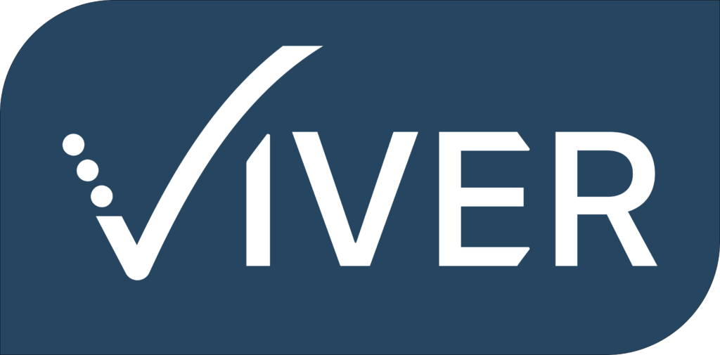 Viver logo with white letters on blue background